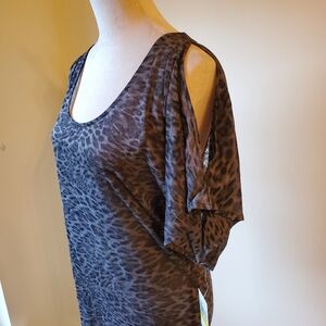 MICHAEL Michael Kors Cold Shoulder Top, Size M, Black/Gray Leopard Patte…